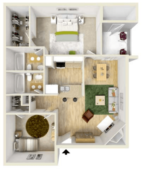 Floor plan for 2 beds, 2 baths, 1049 sqft